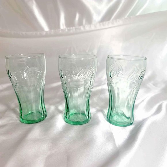 Vintage Set of 3 Libbey Mini Coca Cola Coke Glasses 4 3/8" Green Look 6.25 OZ - Picture 3 of 4